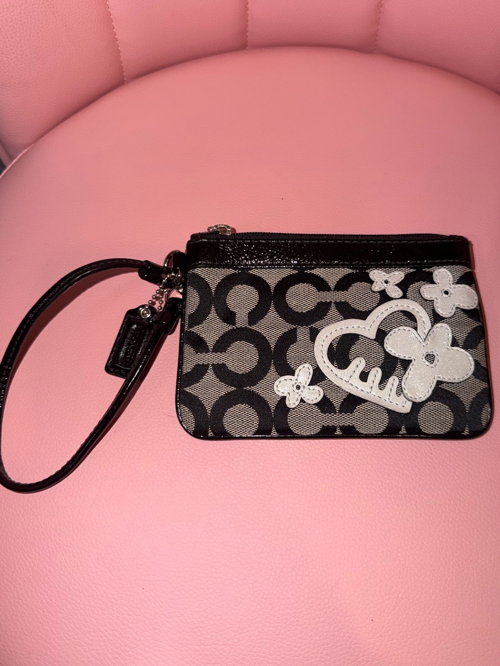 Coach Poppy Black Signature Canvas Wristlet with White Heart & Floral Appliqués